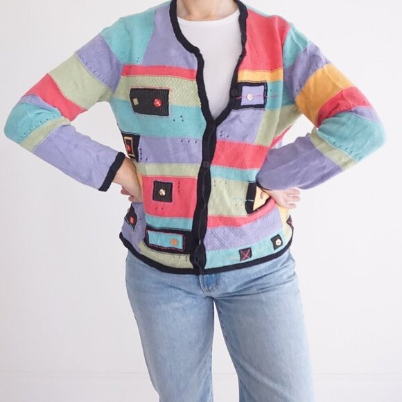 Koret Teal Pink Colorblock Cotton Blend Patchwork Button Up Cardigan Sweater M - Picture 2 of 12